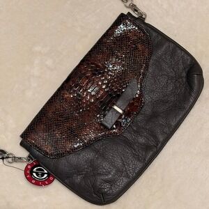 Estro Versa Italy Black Leather Brown Snakeskin Crossbody Bag Vera Pelle